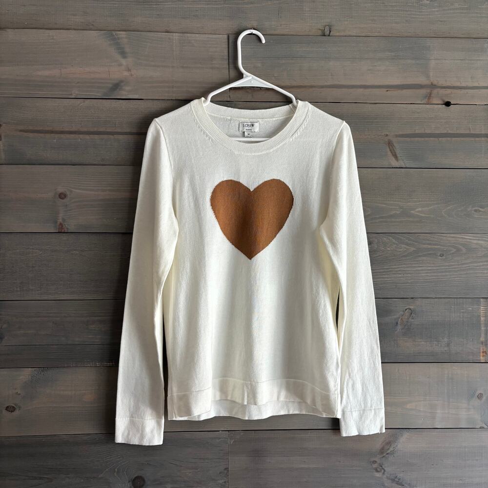 J.CREW | NWT Classic Heart Intarsia Crewneck Sweater in Ivory/Camel Size M